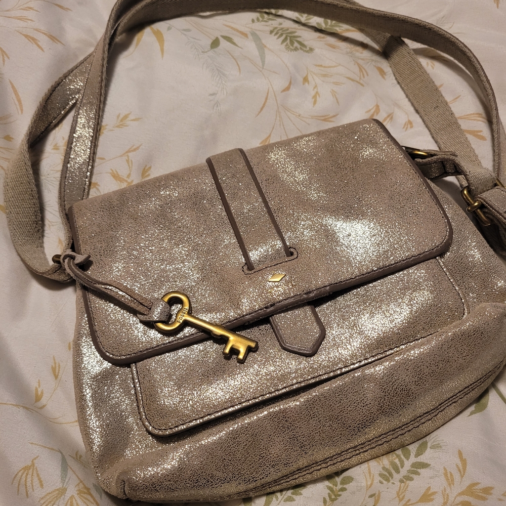 Shimmery Campagne Fossil Crossbody Bag with Key Charm